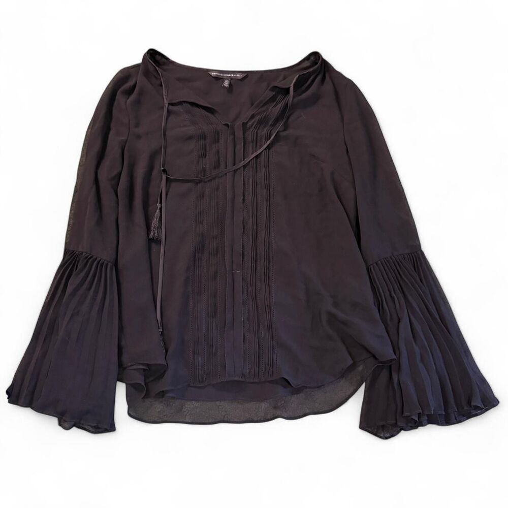 WHBM White House Black Market Black Pin tuck Sheer Bell Sleeve Blouse Top Sz 14